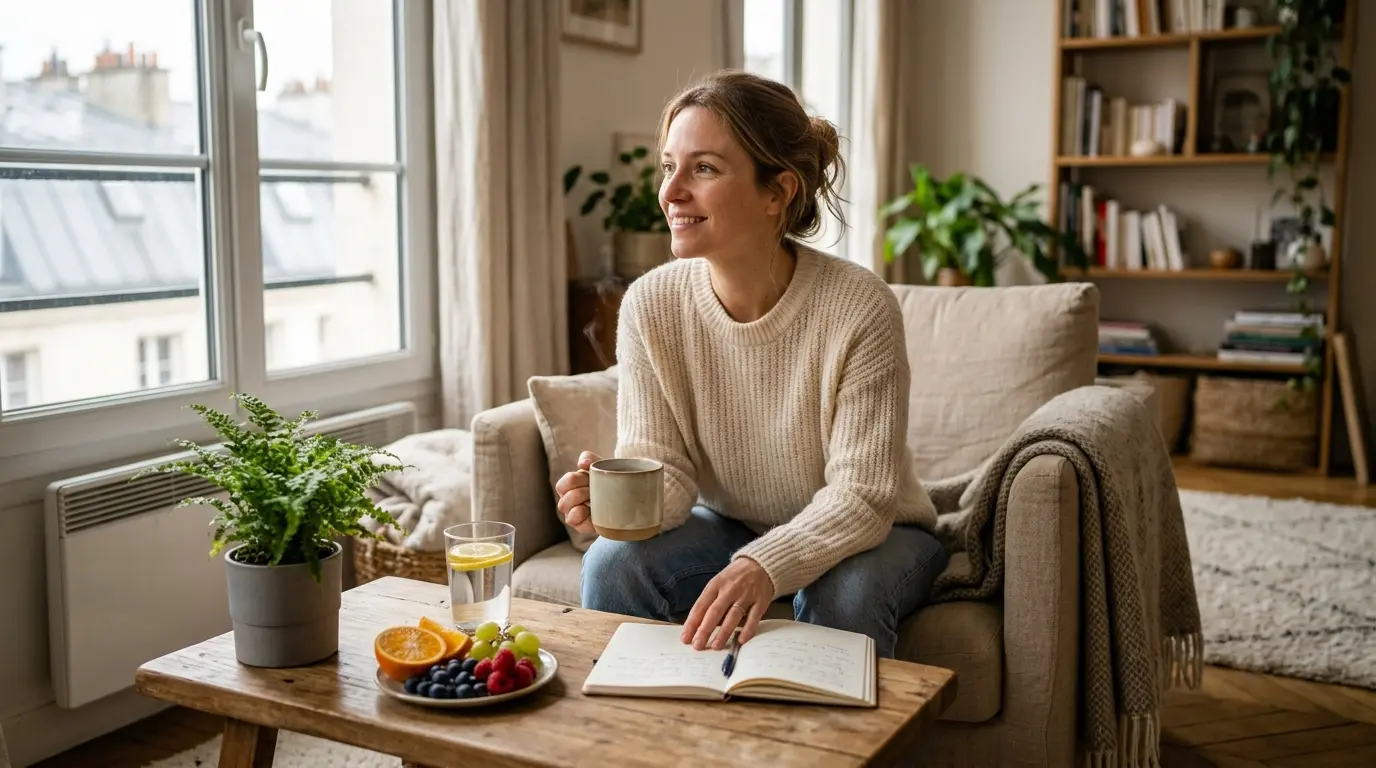 Personne dans un intérieur chaleureux, verre d'eau et fruits, évoquant les 3 mois sans alcool bienfaits et un mode de vie sain.