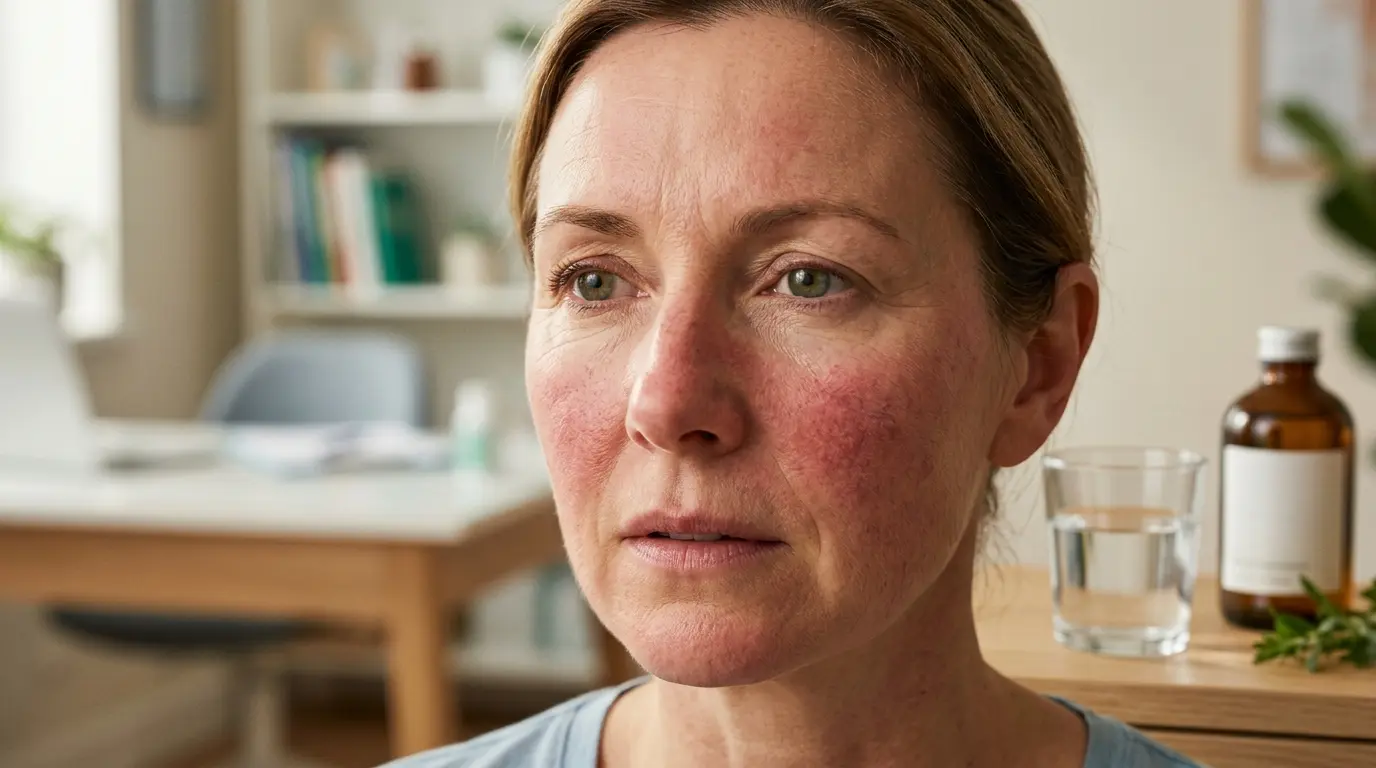 Visage d'une personne avec acné rosacée et problème de foie, montrant rougeurs et expression préoccupée, ambiance santé.