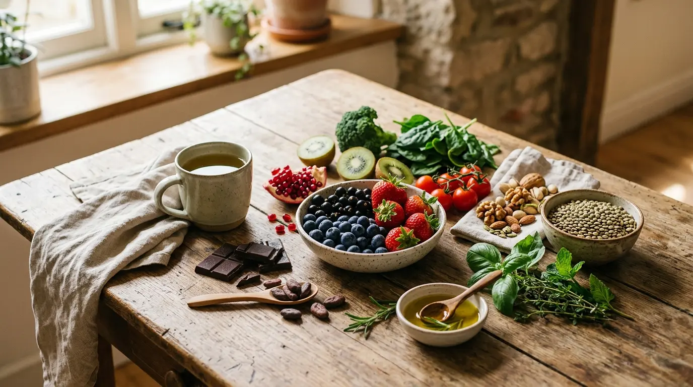 Tableau élégant d'aliments riches en antioxydants : baies, légumes, chocolat noir et herbes fraîches sur une table ensoleillée.