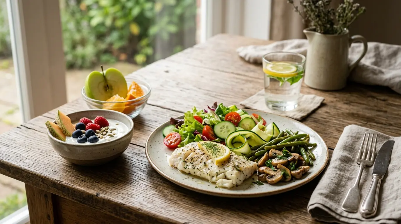 Couverture d'article avec un plat de légumes colorés et protéines maigres, illustrant des aliments faibles calories et un repas équilibré.