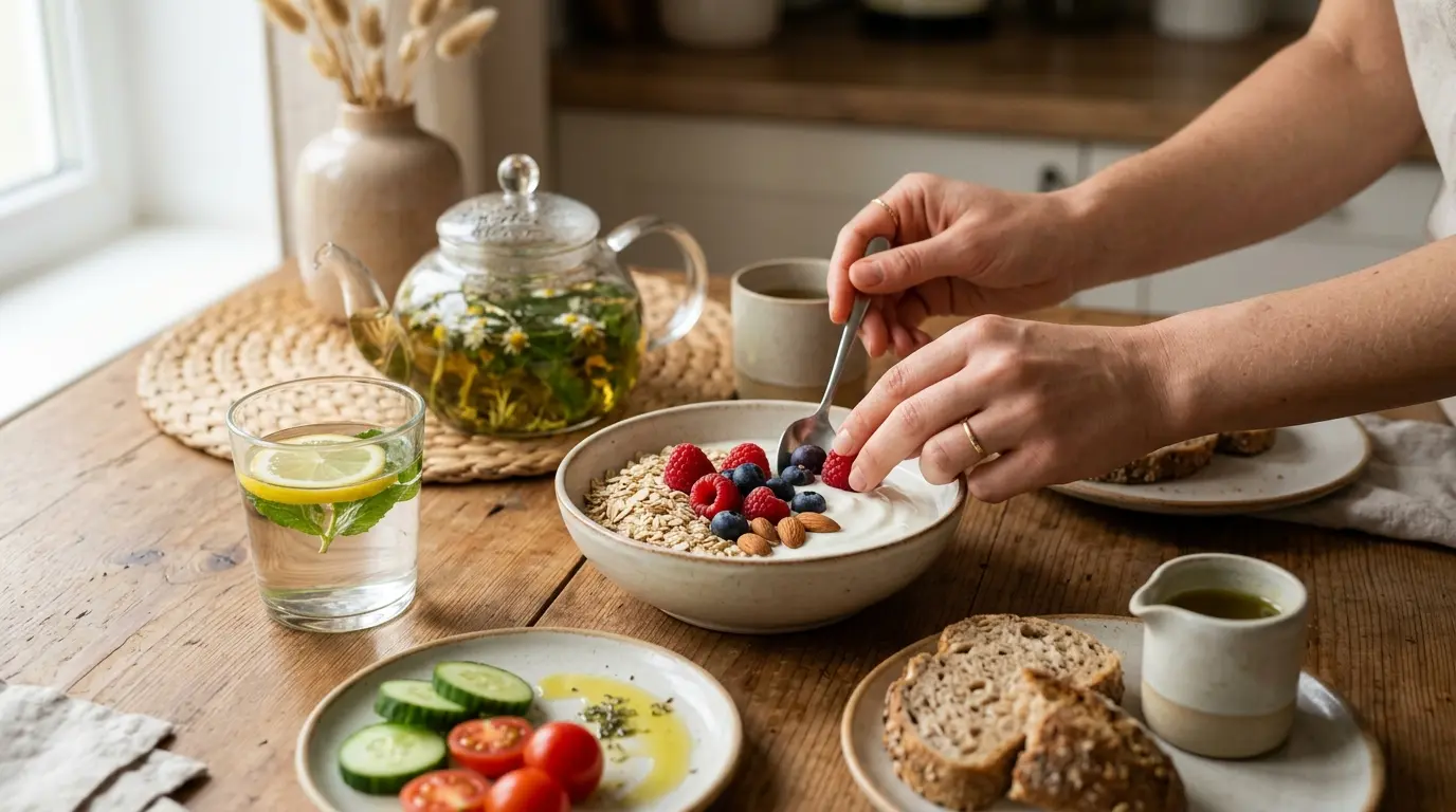 Couverture d'article sur les aliments pour un ventre plat : petit-déjeuner équilibré avec yaourt, fruits rouges et légumes.