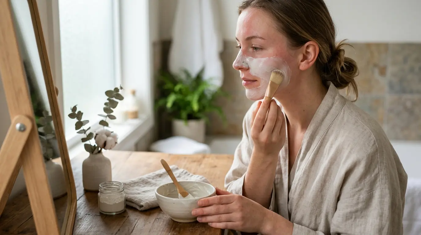 Femme appliquant un masque d'argile blanche pour le visage, entourée de produits naturels sur un meuble épuré.
