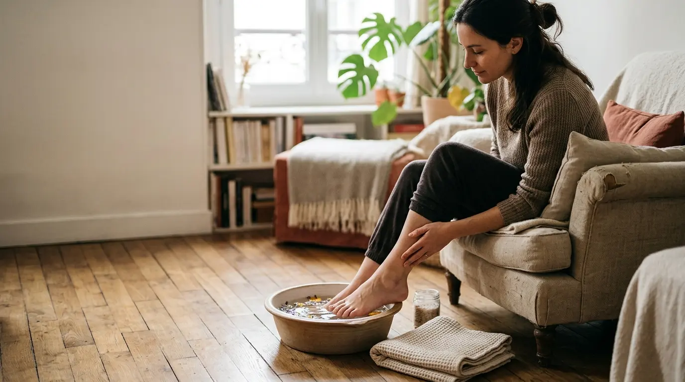 Personne relaxée dans un bain de pieds circulation, jambes fatiguées et chevilles enflées, ambiance chaleureuse et apaisante.