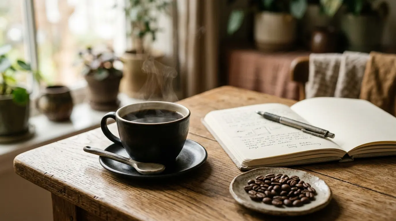 Steaming cup of black coffee sur une table en bois, évoquant les bienfaits café dans une ambiance chaleureuse et apaisante.
