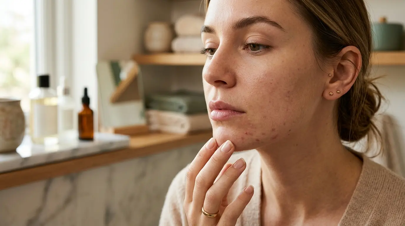 Femme observant des imperfections sur son menton, illustrant le bouton sur le menton signification dans un cadre apaisant.