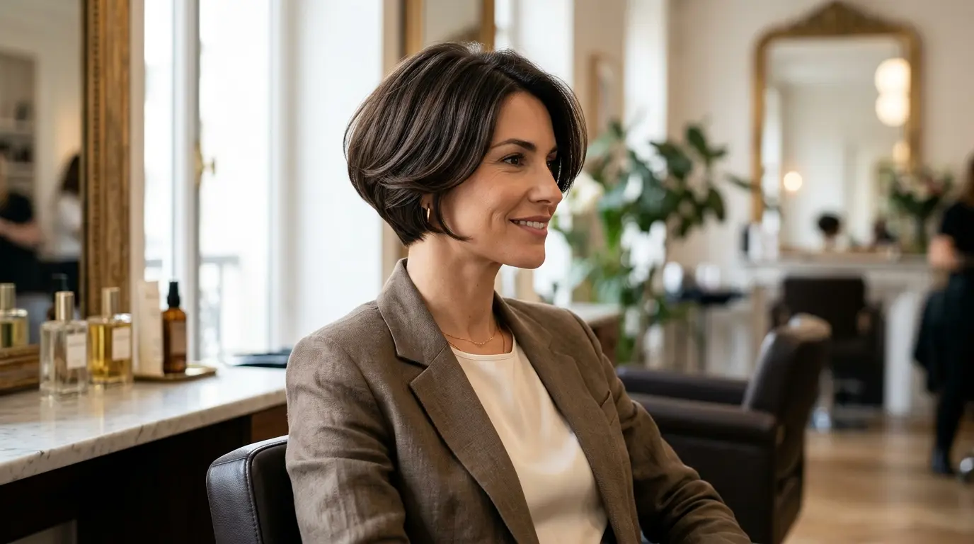 Femme confiante avec un carré plongeant boule élégant, volume naturel et finition soignée dans un salon moderne.