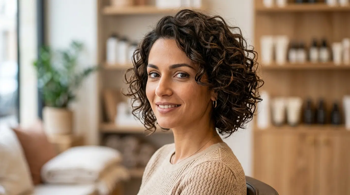 Femme élégante avec un carré plongeant dégradé frisé, volume aérien et boucles naturelles dans un cadre chaleureux.