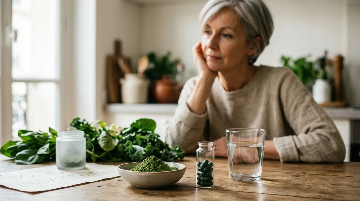 Couverture d'article sur les bienfaits de la chlorella, avec poudre verte, capsules, eau et femme réfléchissant à sa routine santé.