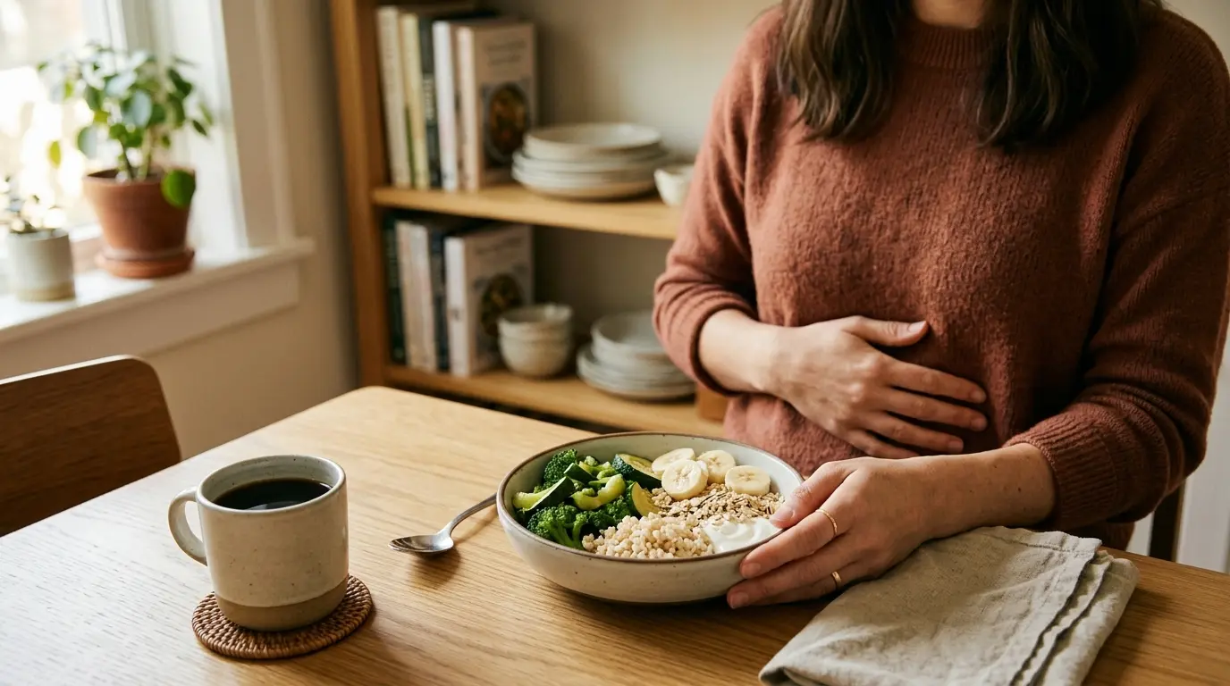 Mains tenant un repas sain avec légumes et yaourt, évoquant colon irritable alimentation à éviter dans une ambiance chaleureuse.