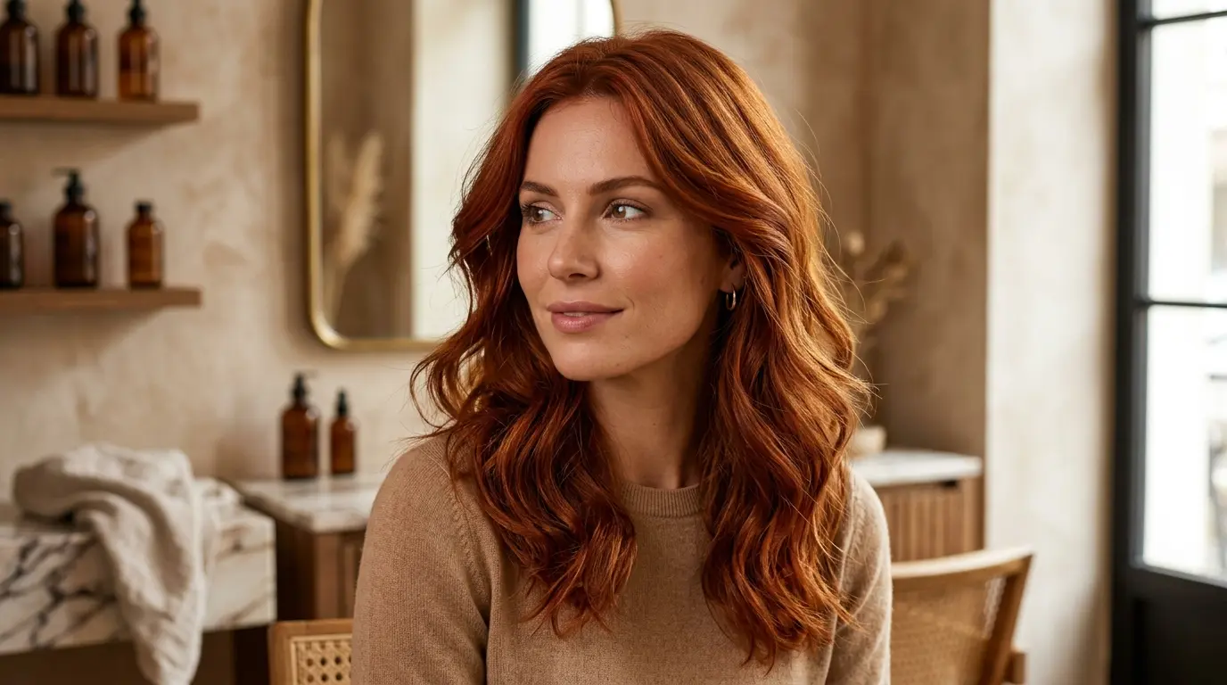 Femme élégante avec des cheveux roux riches, mettant en avant la technique pour colorer des cheveux roux en tons cuivrés.