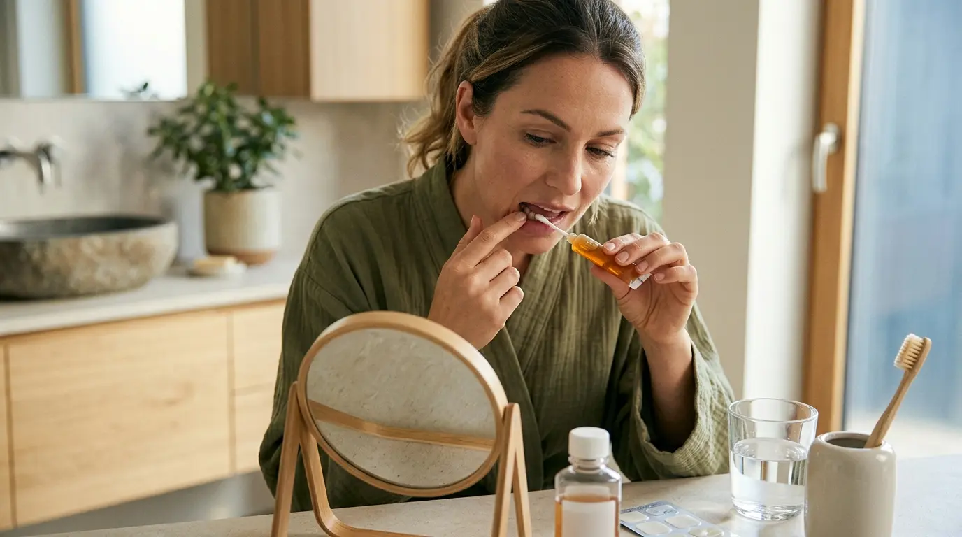 Personne appliquant un gel apaisant pour comment faire partir les aphtes, avec des soins bucco-dentaires en arrière-plan.