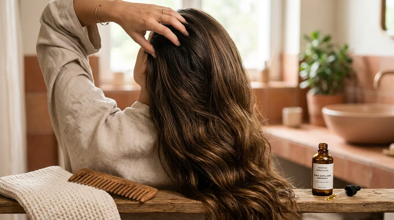 Femme avec des cheveux longs et brillants, éléments de soin capillaire, ambiance bien-être pour apprendre comment faire ses cheveux pousser plus vite.