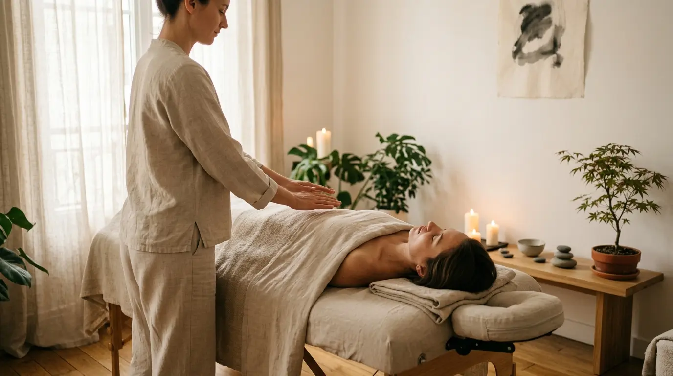 Praticien du reiki en action, définition du reiki illustrée dans un cadre zen et apaisant, lumière douce et décor minimaliste.