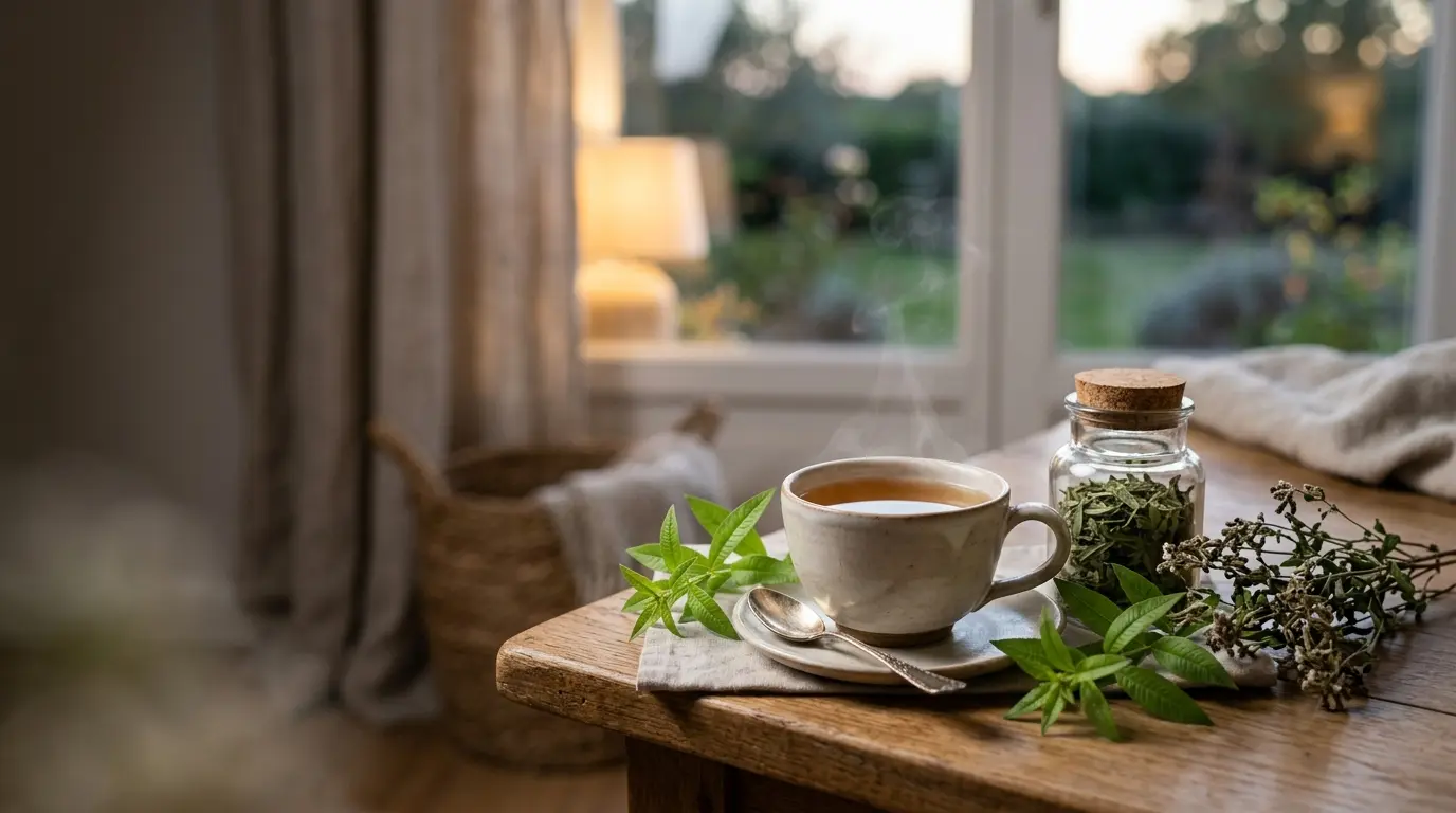 Coupe d'infusion à base de feuille de verveine, sprigs fraîches et sèches sur une table en bois, ambiance sereine et naturelle.