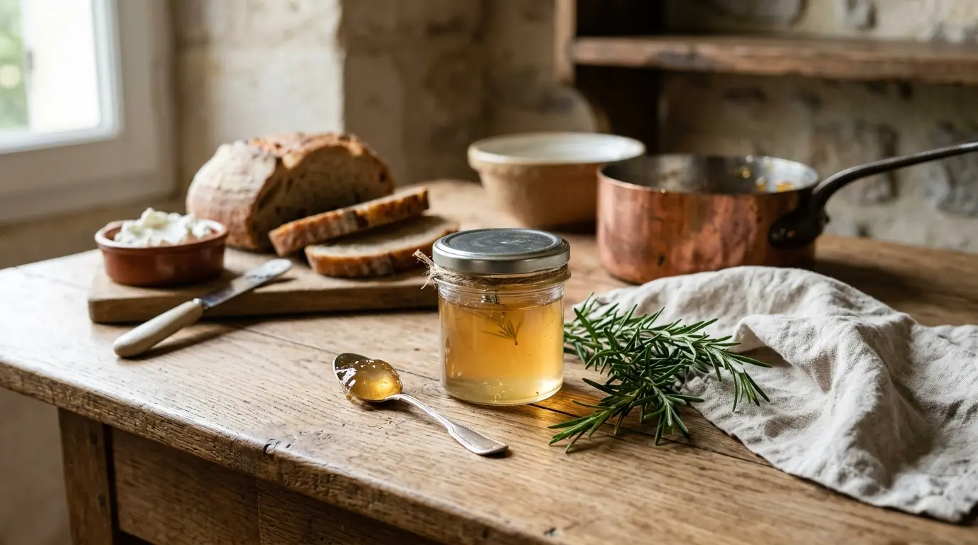 Gelée de romarin dans un pot en verre, accompagnée de pain rustique et fromage de chèvre, ambiance chaleureuse de cuisine.