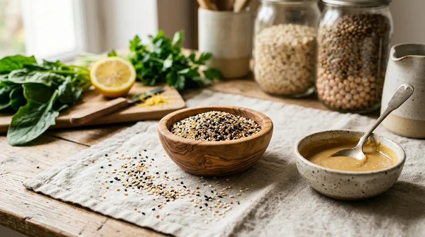 Graines de sésame bienfaits : mélange de graines dans un bol en bois, tahini, ingrédients frais sur un linge rustique.