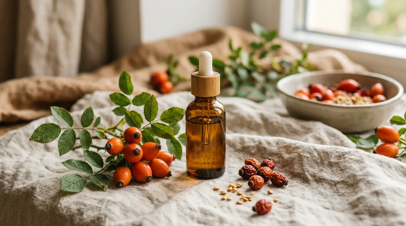 Bouteille d'huile de rose musquée, fruits et graines sur tissu doux, évoquant les bienfaits pour la peau.