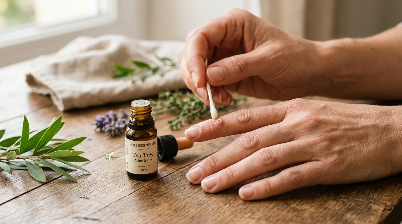 Main avec verrue traitée, coton-tige et huiles essentielles pour verrues, ambiance naturelle et apaisante.