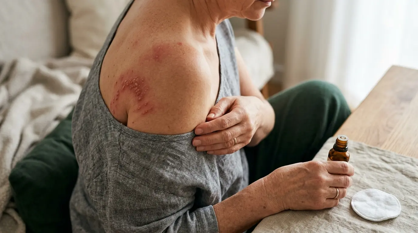 Torse d'une personne mature avec éruption cutanée, main tenant une bouteille d'huiles essentielles pour zona sur lin doux.