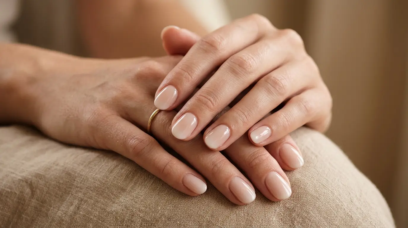 Mains élégantes avec manucure nude translucide et pointes blanches, mettant en valeur les ice cream nails dans un style épuré.