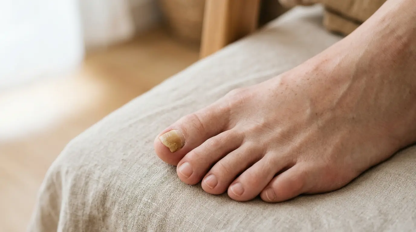 Gros plan sur un pied humain avec un jaunissement des ongles des pieds, sur fond neutre, ambiance douce et naturelle.