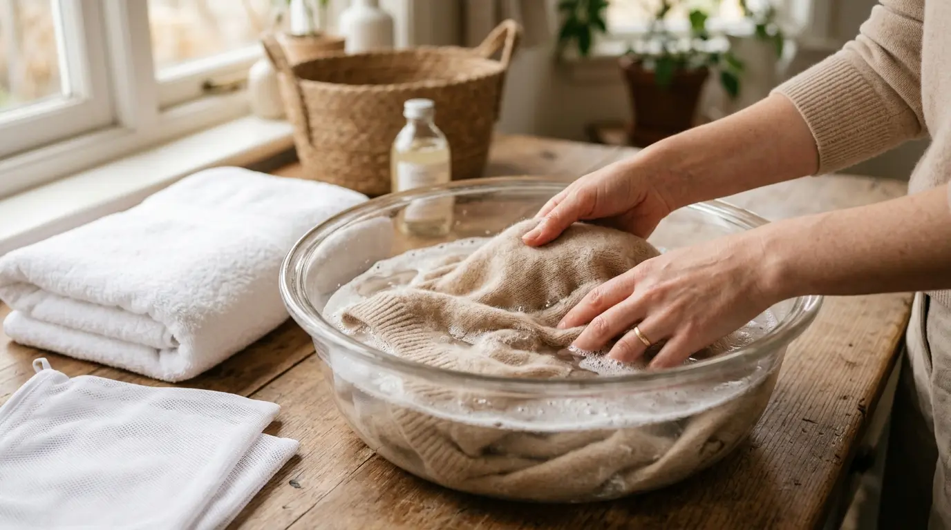 Laver du cachemire en machine : un pull en cachemire beige délicatement posé dans un bassin avec des mains soignées.