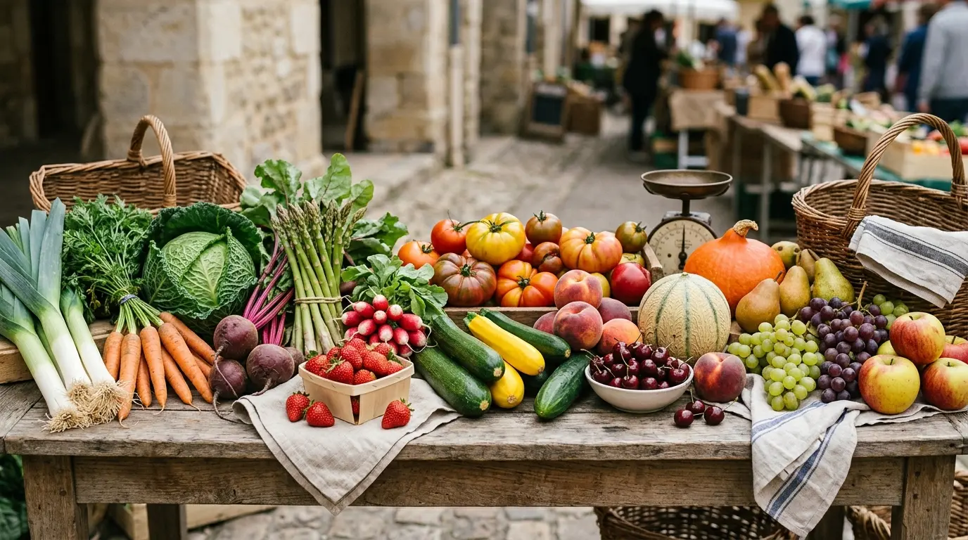 Arrangement élégant de légumes fruits saison sur une table en bois, illustrant les récoltes d'hiver, printemps, été et automne.