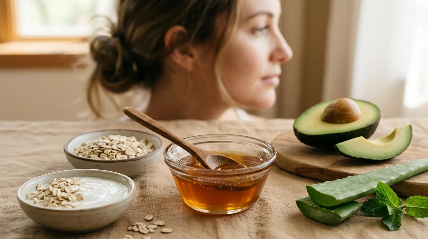 Bols de miel et ingrédients naturels pour un masque au miel pour le visage sur une surface en lin chaleureux.