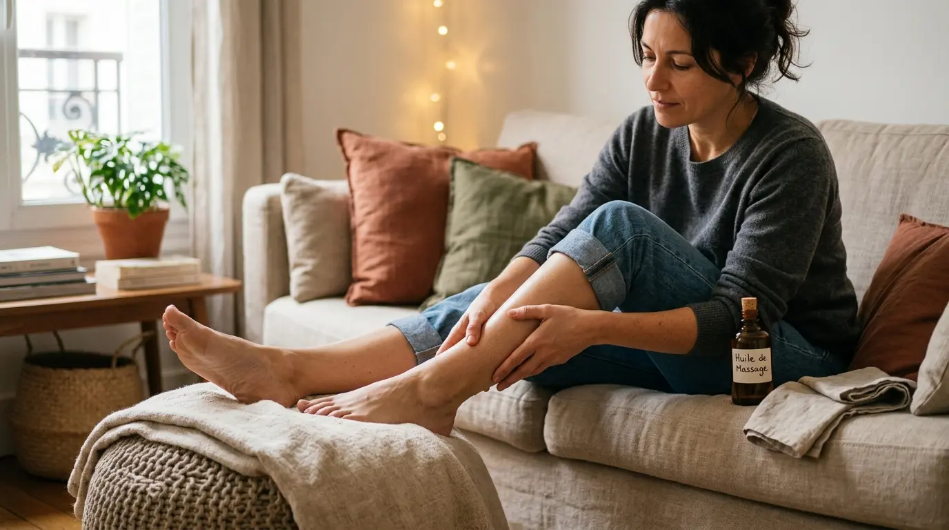 Femme massant ses jambes sur un canapé, ambiance apaisante, soulagement et confort après une journée fatigante.