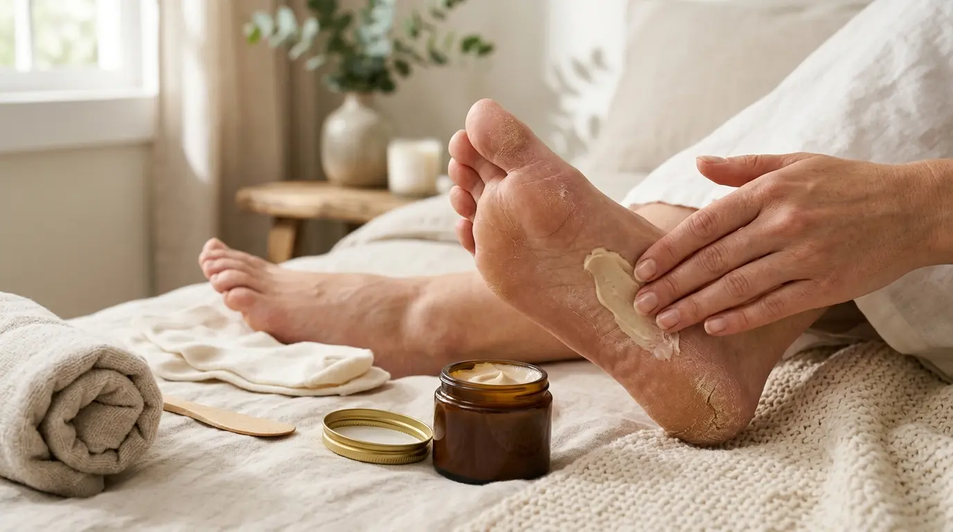 Pieds sur un lit doux, crème hydratante appliquée, montrant la recherche du meilleur creme pieds pour une peau douce.