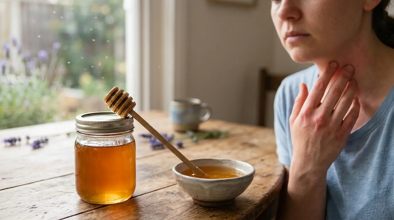 Verre de miel avec cuillère en bois, main touchant un cou rouge, évoquant le thème miel et allergie dans une ambiance chaleureuse.
