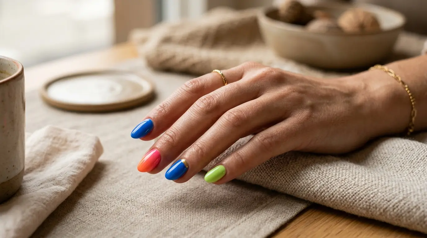 Main féminine avec ongles flashy en rose fluo, orange, bleu électrique et vert lime sur surface neutre, esthétique chic.