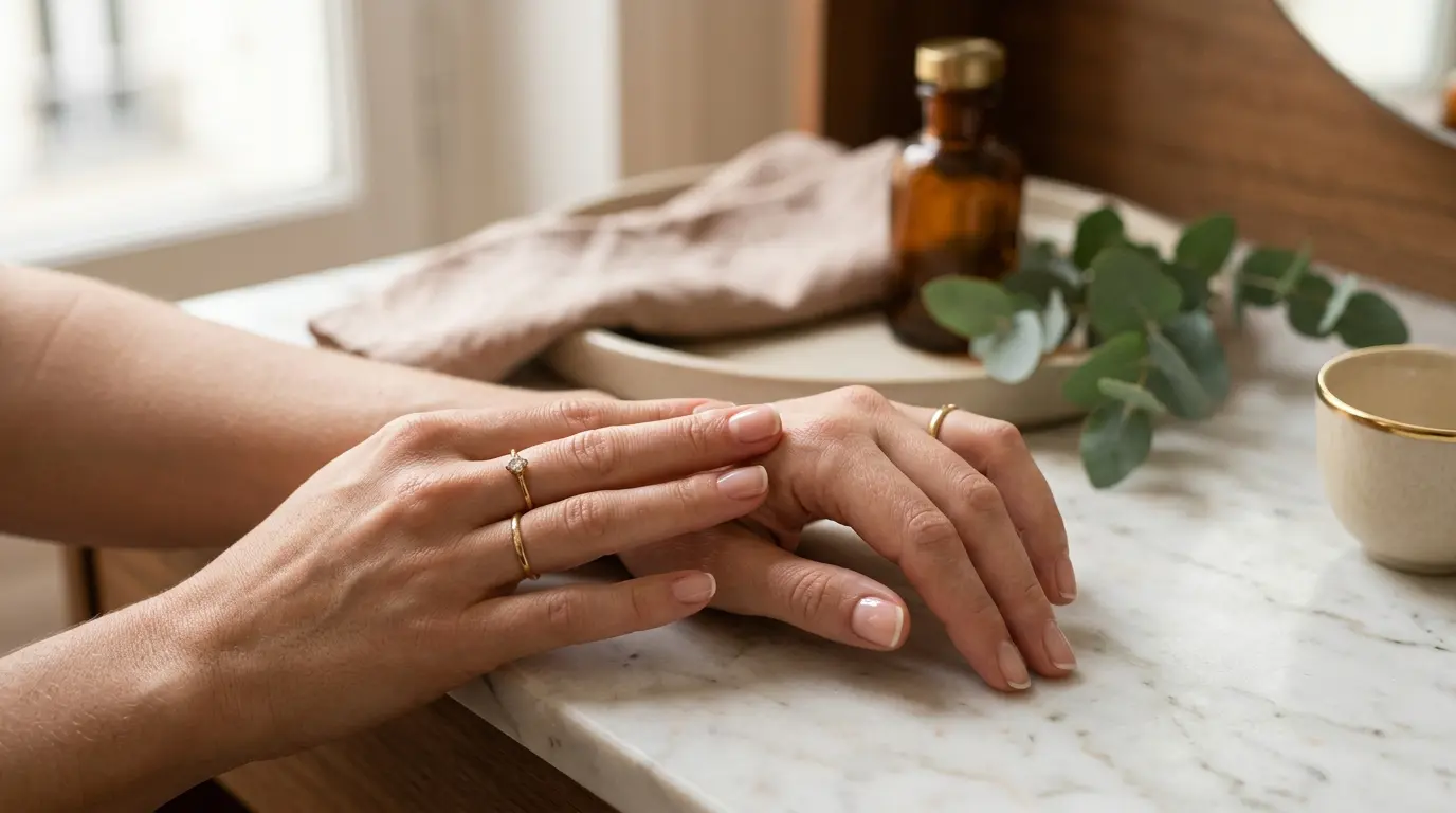 Close-up de mains avec ongle naturel court, manucure élégante, cuticules soignées, ambiance chic et neutre.