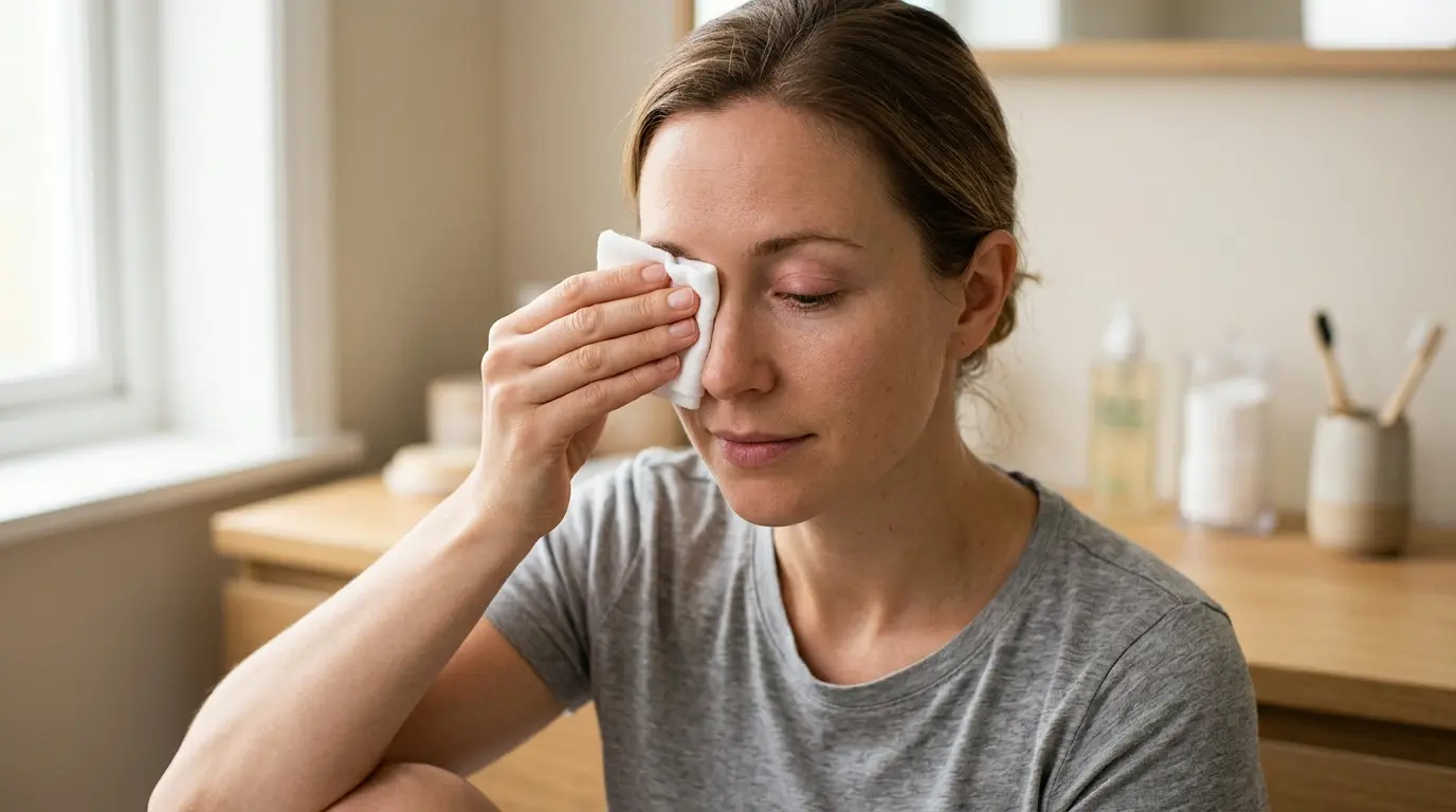 Femme appliquant une compresse chaude sur un œil légèrement enflé, illustrant comment orgelet soigner naturellement.