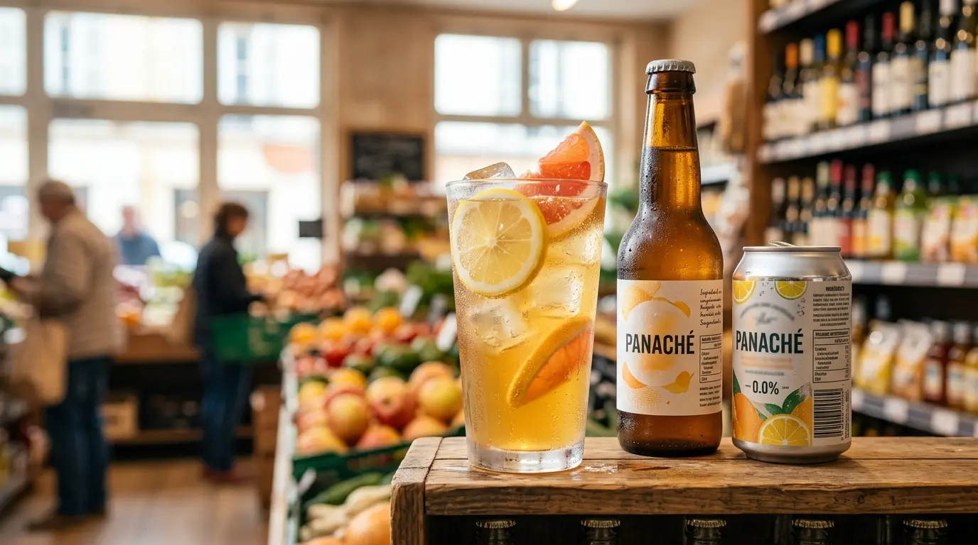 Chaleureux panaché sans alcool dans un verre avec agrumes, ambiance estivale en supermarché, mise en scène invitante.
