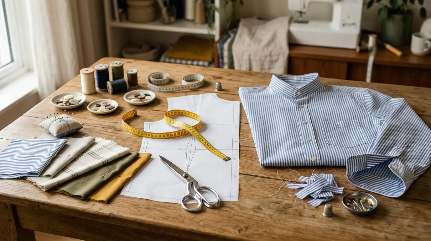 Espace de couture avec un patron pour chemise, tissus, outils et une chemise en coton en cours de découpe.
