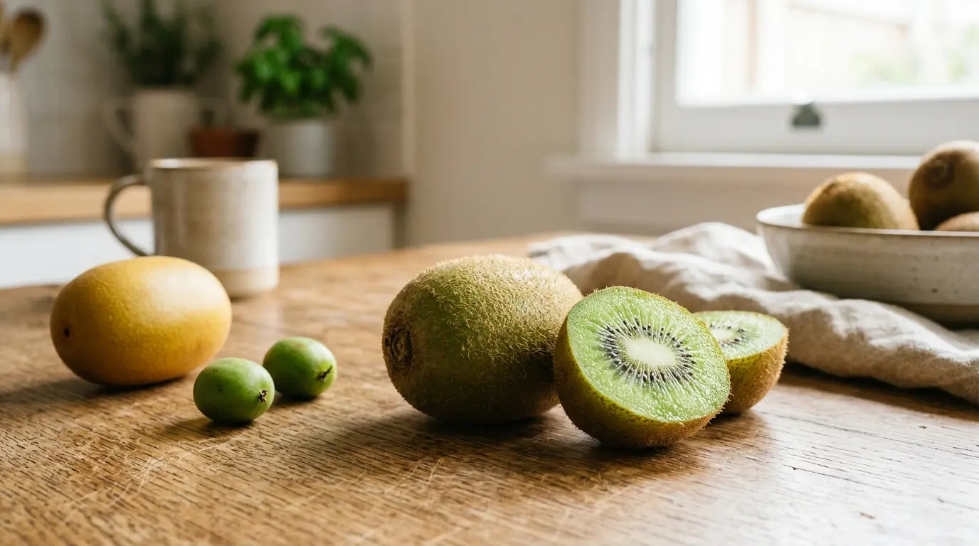 Close-up de kiwis frais, un tranché, montrant la question : peut on manger la peau d'un kiwi dans un cadre naturel.