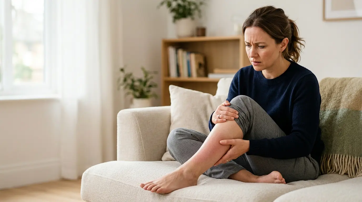 Personne assise, tenant une jambe avec douleur, gonflement et rougeur, illustrant les symptômes de phlébite jambe symptômes.