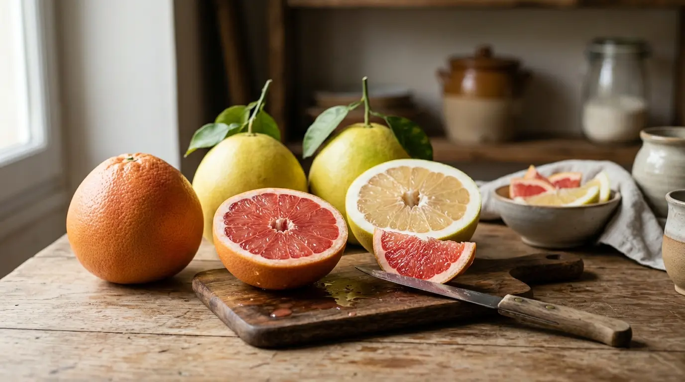 Still life de pomelos ou pamplemousse sur une table rustique, montrant des fruits entiers et coupés, avec des segments juteux.