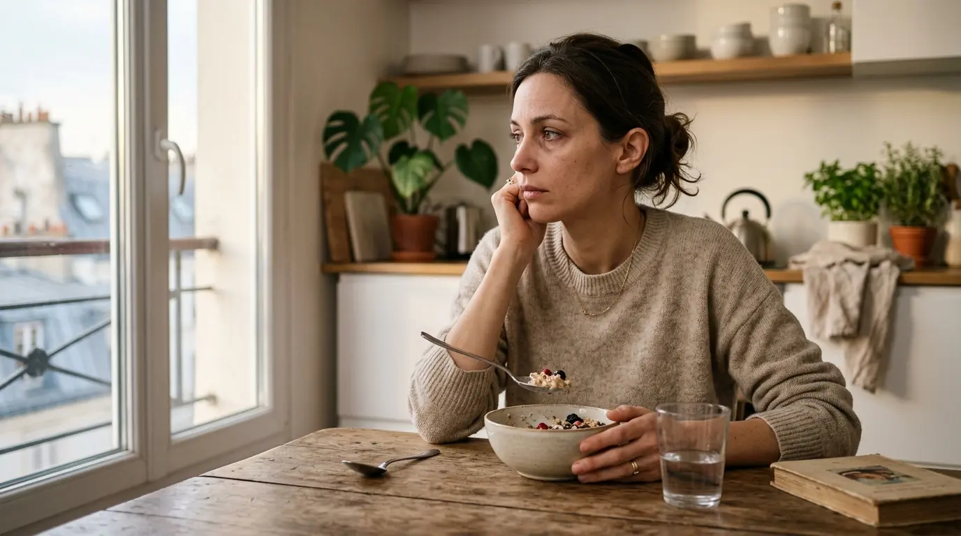 Femme française pensive à table, un bol de petit-déjeuner devant elle, illustrant pourquoi j ai tout le temps faim.