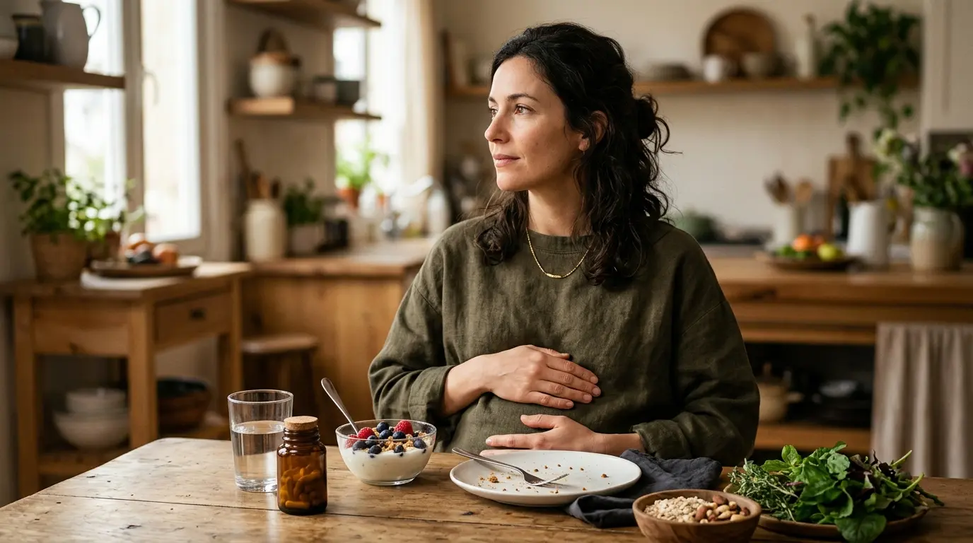 Femme apaisée tenant son ventre légèrement ballonné, entourée de probiotiques, yaourt et ingrédients frais pour la digestion.