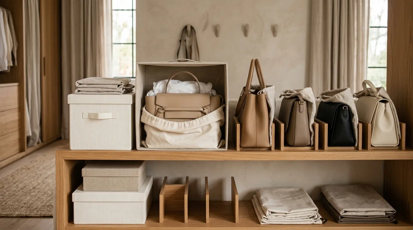 Rangement des sacs à main élégant dans une pièce avec des étagères, boîtes de rangement et sacs soigneusement organisés.