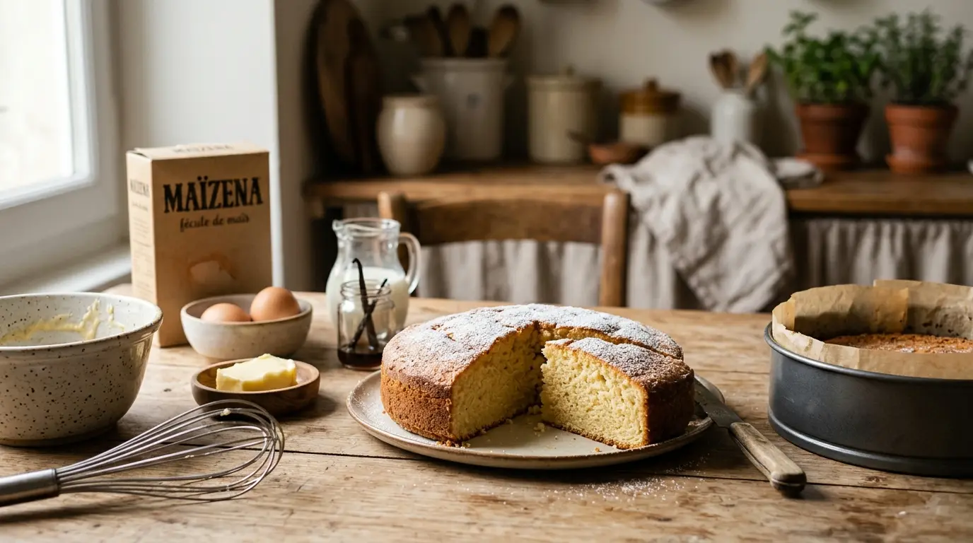 Gâteau sans gluten maïzena sur une table rustique, tranché, entouré d'ingrédients de pâtisserie et d'une ambiance chaleureuse.