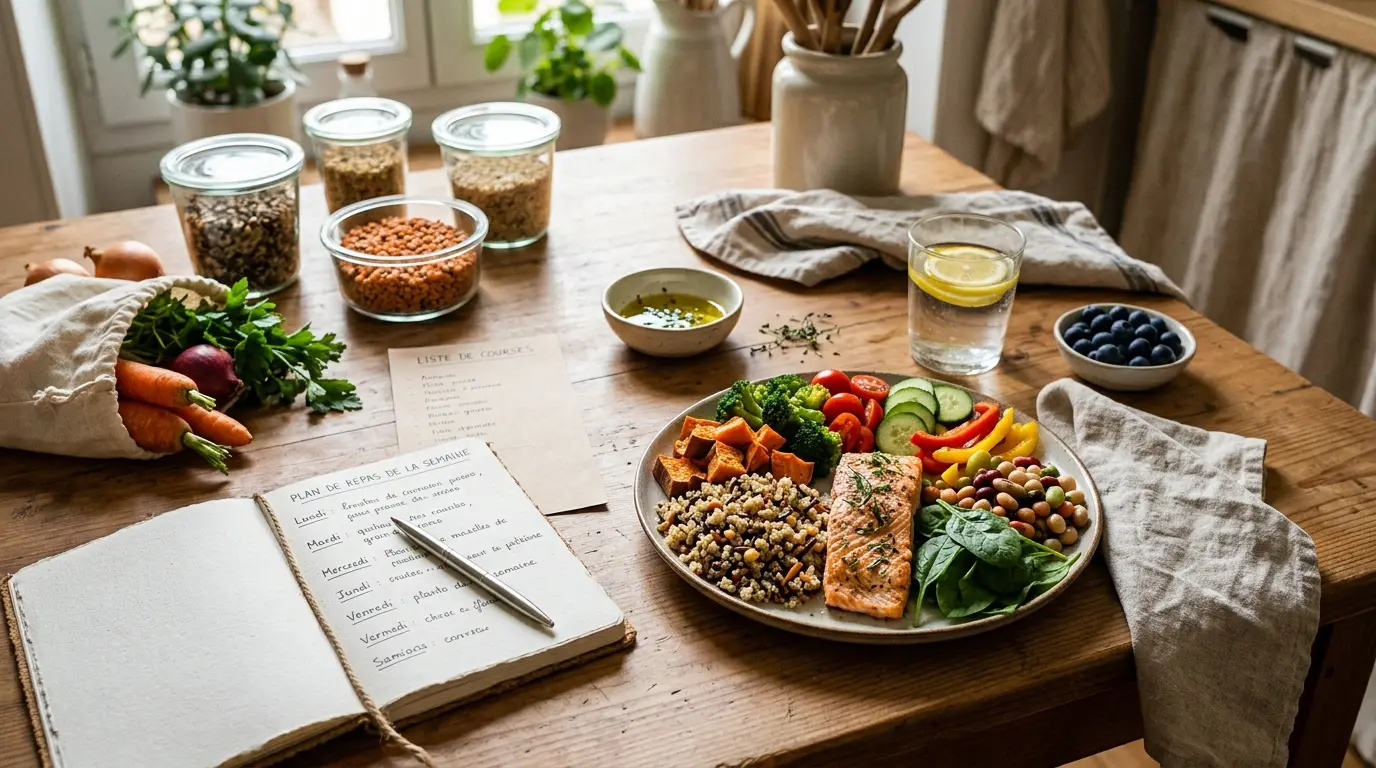 Repas équilibré sur une table avec légumes, céréales, fruits et plan de repas pour rééquilibrer son alimentation.