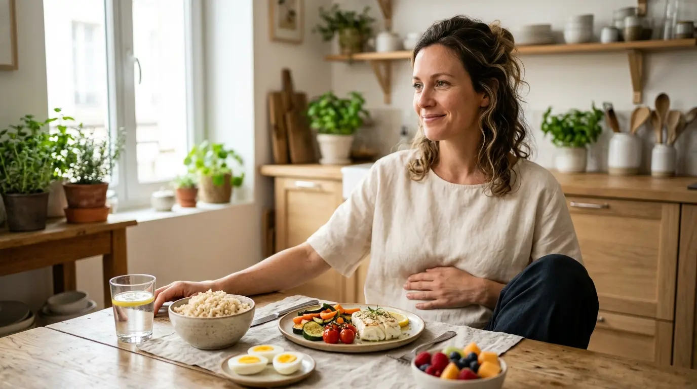 Femme détendue dans une cuisine lumineuse, repas léger illustrant un régime ventre plat 15 jours avec aliments sains.