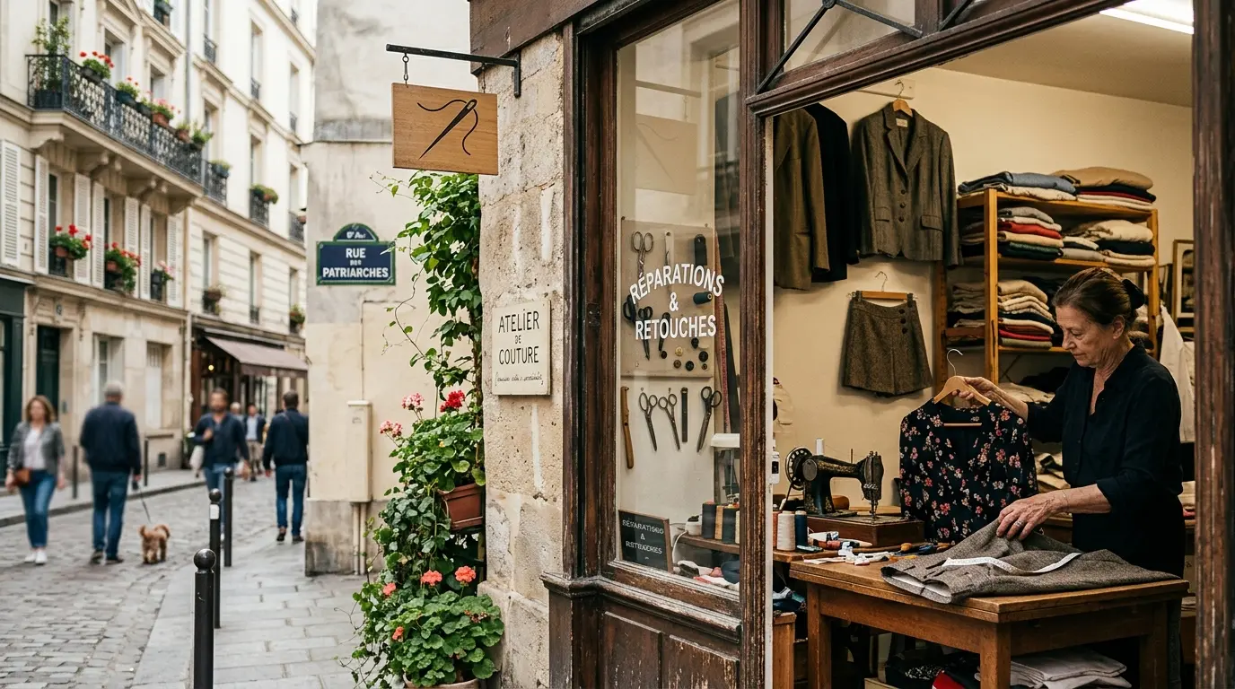 Retoucherie Mogador : boutique de couture parisienne avec vêtements en attente de retouche et ambiance artisanale chaleureuse.
