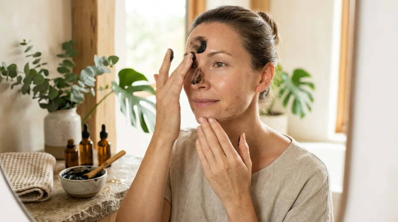 Femme appliquant du savon noir et visage dans une salle de bain lumineuse, avec des éléments naturels et une ambiance apaisante.