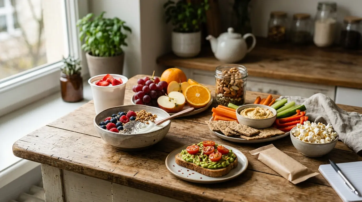 Tableau de snacks sains : yaourt grec, fruits, noix, houmous, crackers, et toast à l'avocat sur un bureau chaleureux.