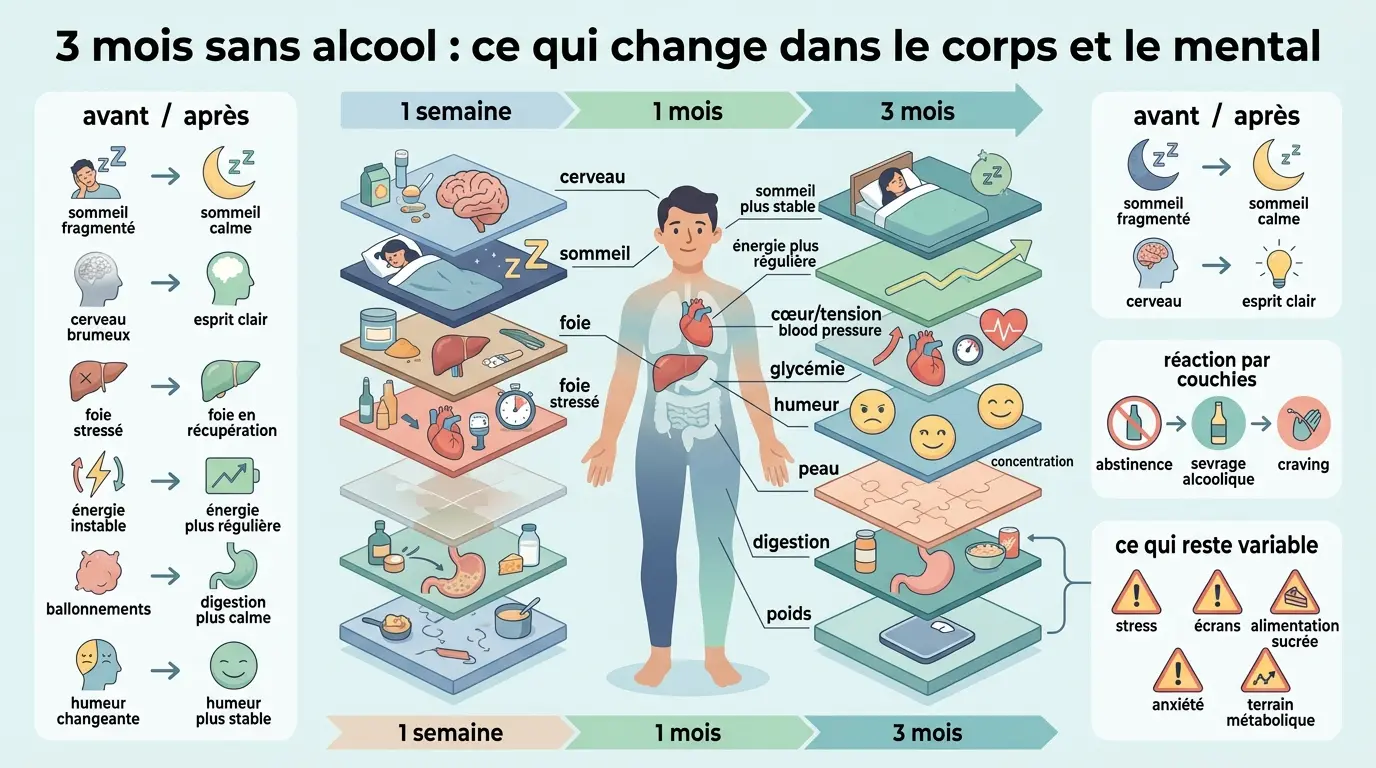 Infographie éducative sur les 3 mois sans alcool bienfaits, illustrant les améliorations du corps et du mental en étapes.