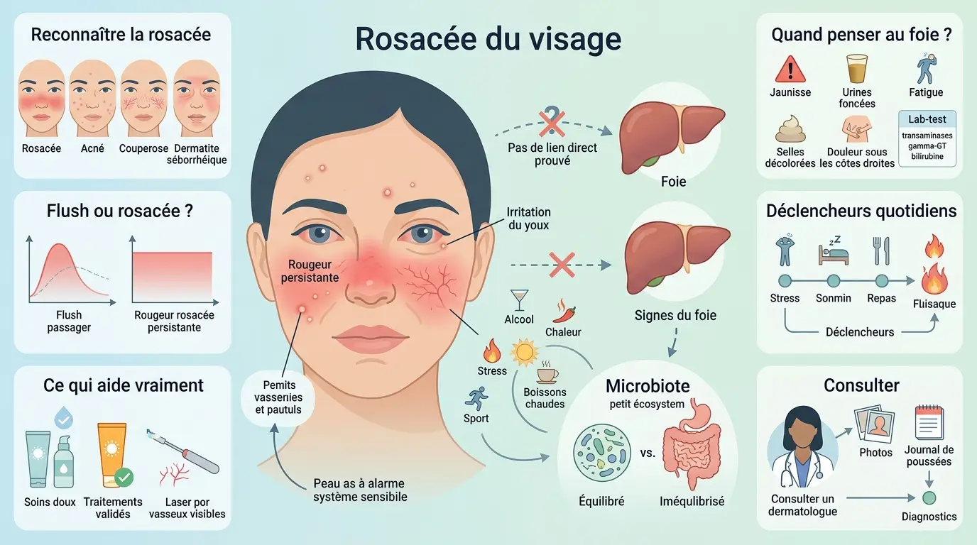 Infographie éducative sur acné rosacée et problème de foie, illustrant les signes, déclencheurs et conseils dermatologiques.